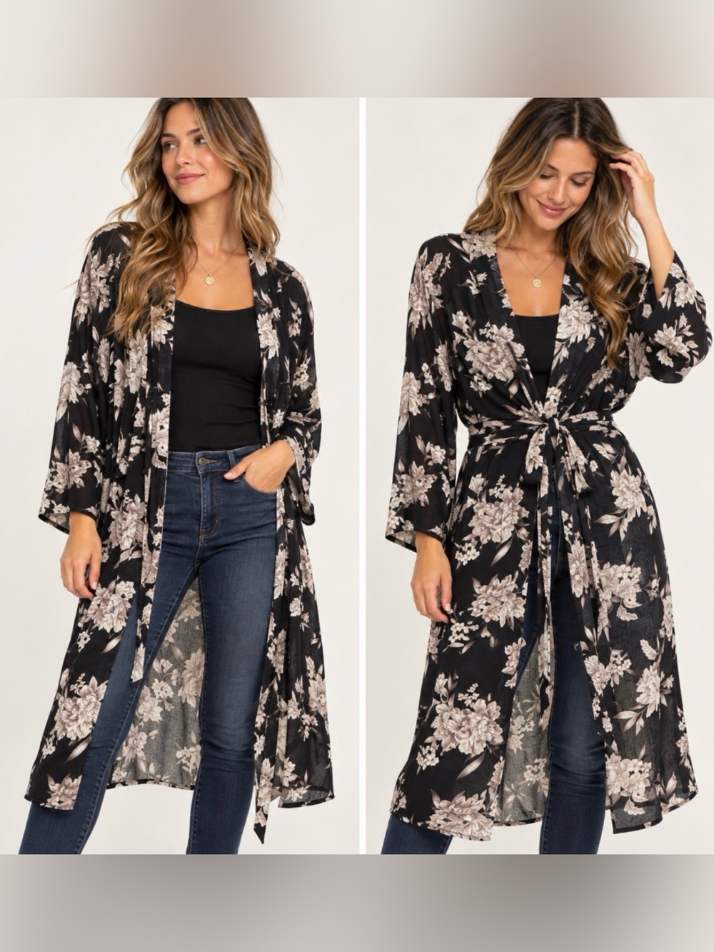 Spiritual Gangster Black Floral Longline Kimono Duster Cardigan Tie Front Size S